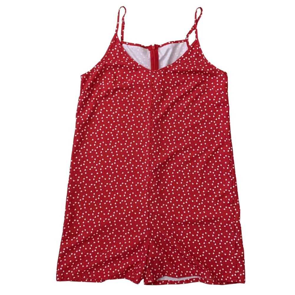 Red Heart-Print Romper – Adjustable Straps, Back Zipper, 100% Polyester